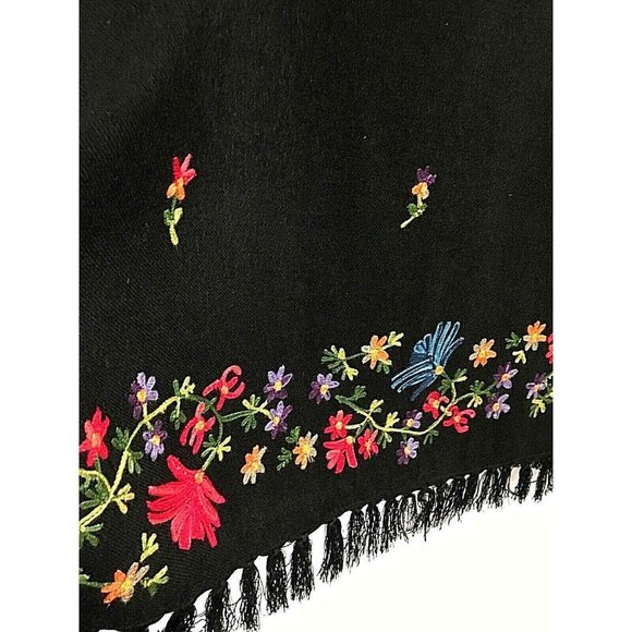 Vintage Black Midi Skirt XL Crewel Floral Embroidery Border Fringed Hem - Picture 2 of 8